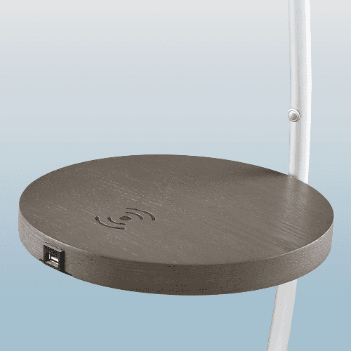 Lampara de pie LED de arco plateado con mesa de bandeja