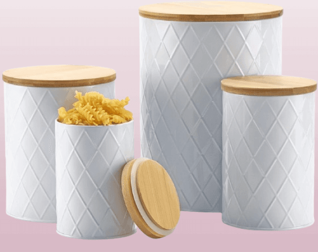 Juego de recipientes de cocina blancos con tapas de madera