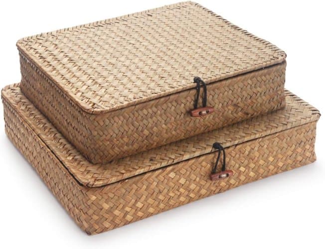 Juego de 2 cajas multiuso de mimbre tejido plano con tapa