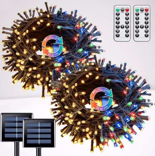 Paquete de 2 luces solares de Navidad de color blanco cálido y multicolor con 11 modos de control remoto