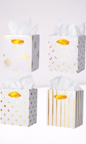 Paquete de 16 mini bolsas de regalo con asas y papel de seda color blanco - dorado