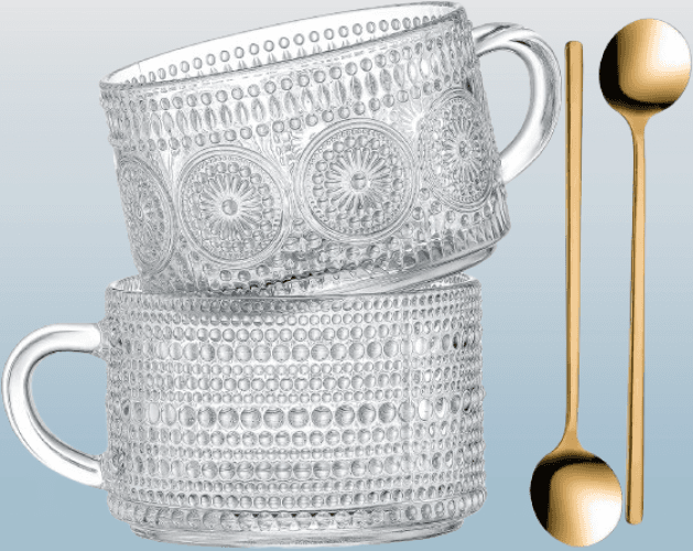Juego de 2 tazas de té transparentes en relieve 14 onzas