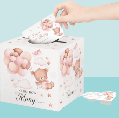 Juego de baby shower con caja y 50 tarjetas de adivinanzas