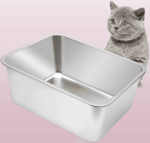 Caja de arena grande de acero inoxidable para gatos con lado